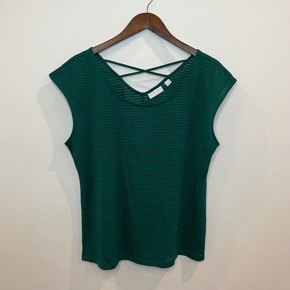 New York & Company Green Sheer Stripe Crisscross Back Sleeveless Top Large